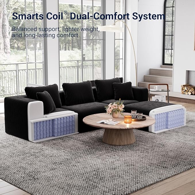 Avenco 141” U-Shaped Modular Sectional with 2 Ottomans, Individually Wrapped Coil Support & Corduroy Fabric, Zero Assembly 6-Piece Set for Spacious Living Room, Black