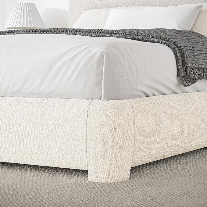 BarnFurin Boucle Upholstered California King Bed Frame/Soft Rounded Corners Headboard/Low Profile Bed Frame/No Box Spring Needed/Non-Slip and Noise-Free/Cream