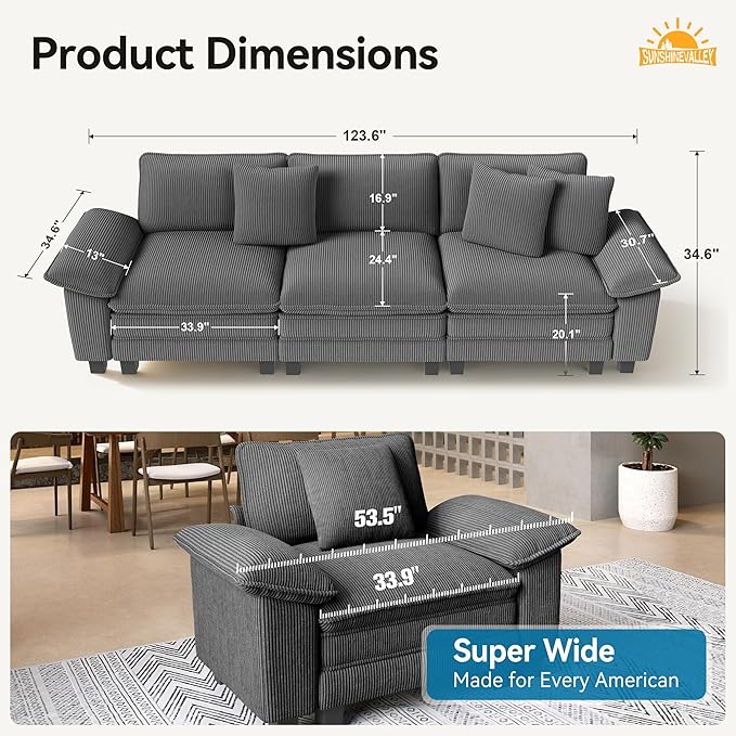 3 Seat Modular Sofa, 123.6'' Oversized Modern Corduroy Sectional Couch with Removable Armrest and Pillow, Upholstered Cloud Deep Seat Sofa for Living Room, Grey