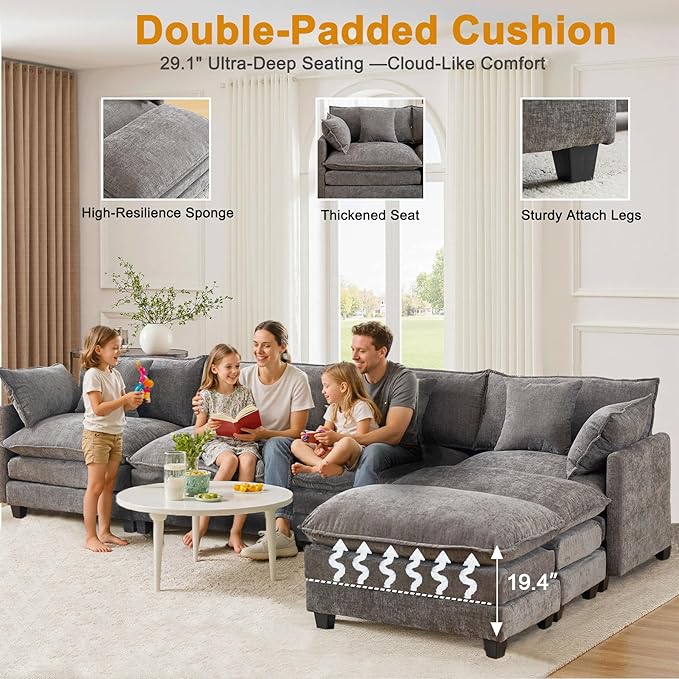 U-Shaped Cloud Chenille Sofa Sectional Couch with 2 Ottomans, 146" Modular Sofa for Large Spaces, Ultimate Comfort with Deep Seats & Pillows, Solid Frame, 1YR Warranty