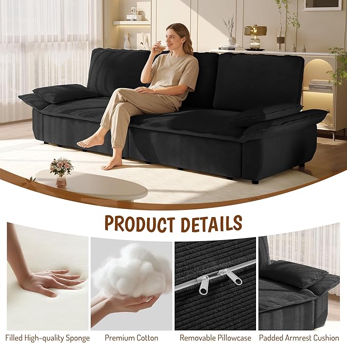 KEIKI 94.5" King Pull-Out Sofa Bed, 3-in-1 Convertible Couch with Reclining Comfort, Soft Corduroy Cloud Seating for Movie Nights, Game Rooms & Large Living Spaces