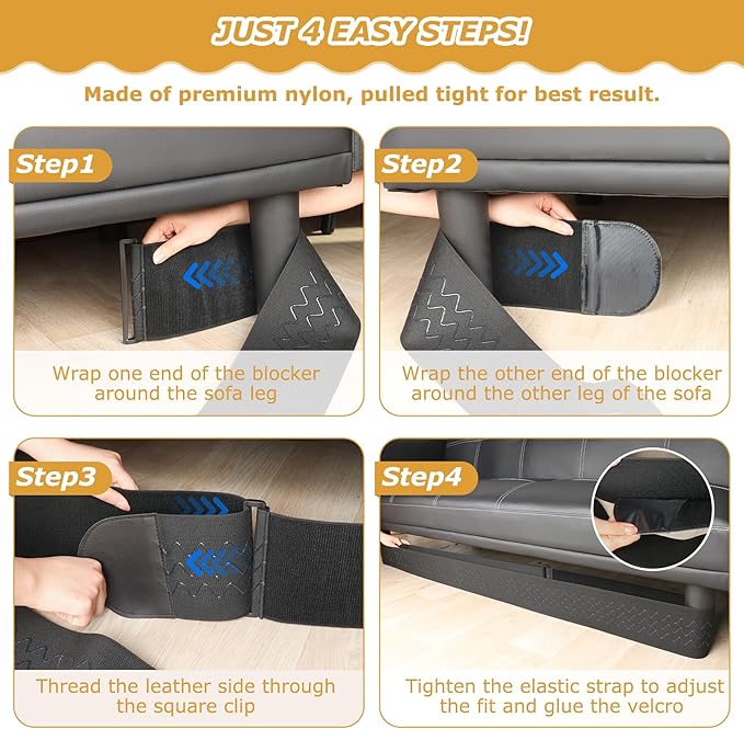 Under Couch Blocker 5 in x 13 ft, Adjustable Elastic Sofa Blocker to Prevent Kids and Pets Toys, Strap Barrier Gap Bumper Couch Guards for Bottom Standard Sofa, Bed, Furniture with Straight Legs