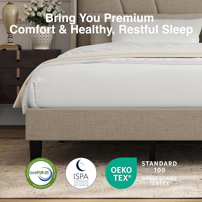 Novilla King Bed Frame, King Bed Frame with Headboard, Linen Upholstered Wing Side Headboard, No Box Spring Needed, Heavy Duty Feet, Easy Assembly, Beige