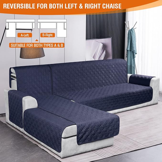 VANSOFY Sectional Couch Covers 100% Waterproof L Shaped Sofa Slipcover 3pcs Reversible Chaise Lounge Cover for Sectional Sofa Furniture Protector Cover for Pets Cat Dog(Large, Dark Blue)
