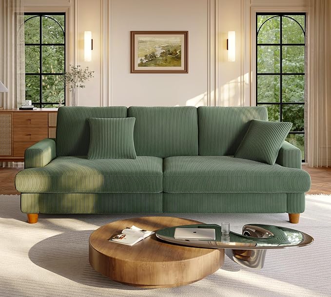 87.2" Couches for Living Room, Comfy Green Couch 7.5" Extra Thick Cushion, Sofas for Living Room Tool-Free Setup, Loveseat Sofa 848lbs Support, Corduroy Couch for Bedroom, Apartment, Office