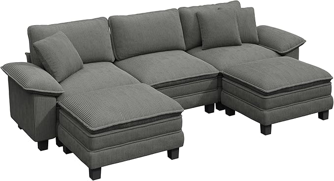 PHI VILLA Cloud Modular Couch Sets, 123.6" Sectional Sofa with U-Shaped Chaise, 5-Seater Couches with 2 Movable Ottomans for Living Room, Corduroy Fabric, Grey