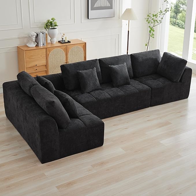 140''Modular Sectional Couches for Living Room, Cloud Boneless Compressed Sectional Sofa, Oversized L Shaped 5 Seater Upholstered Memory Foam Sofa, No Assembly, Chenille Black