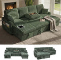 104" U Shaped Sleeper Sofa Bed, Sectional Couches for Living Room, Plush Corduroy Pull Out Couch Bed with Storage, Modular Sectional Couch with Charging Station, Cup Holder, Side Pocket, Green