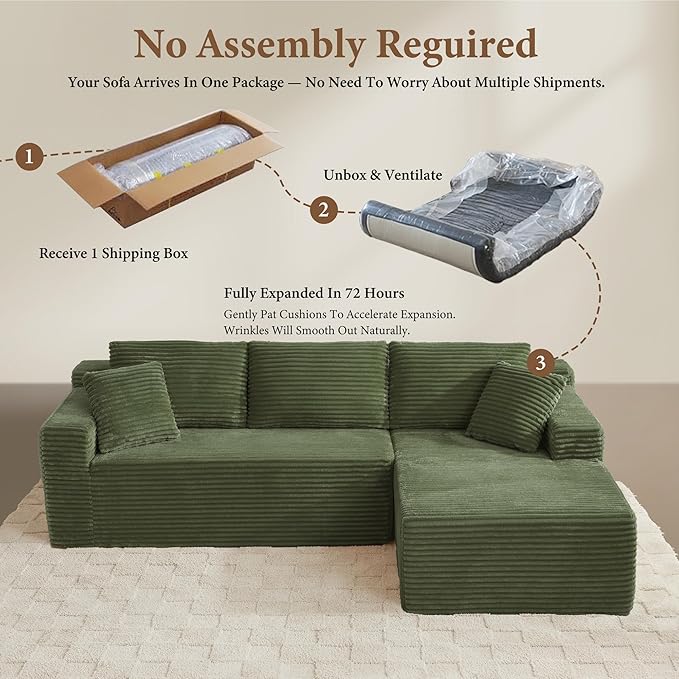 96" Sectional Couches for Living Room Cloud Couch Sofa with L-Shape Upholstered Boneless Couchs Modern Modular Sectional Couch with Chaise (Green, 96" W+Right Facing Chaise+2Seaters)