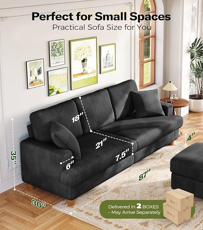 87" L shape Corduroy Couch, Sofa No Tool Assembly, Comfy Couches for Living Room 21in Deeper Seats, Corduroy Sofas for Living Room with 2 Pillows, Oversized Loveseat Sofa, Boho Love Seat, Black | Comfy Corduroy, Oversized 87in Couch, 850LB Tough, Tool-...