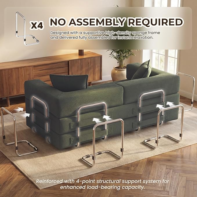 78 Inch Convertible Sofa Bed, 5-in-1 Futon Sofa Bed Pull Out Couch, Boneless Couch Bed for Living Room, Corduroy Boneless Couches for Bedroom, Apartment, No Assembly Sleeper Sofa Bed, Green | 4 Fixed-Shape Frame, Removable Corduroy, High-density foam, ...