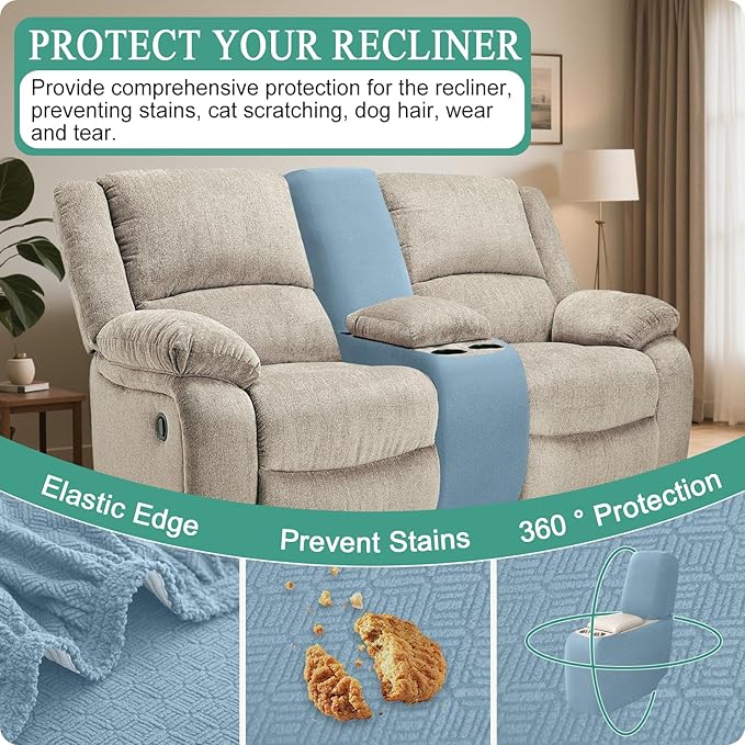 Waterproof Reclining Sectional Couch Covers Washable L Shaped Couch Cover for Sectionals Recliner Sofa Covers Stretch Corner Recliner Slipcovers for Dogs (Console Cover, Light Blue)