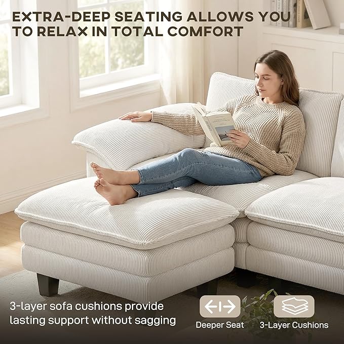 HOMCOM Modular Sectional Sofa Couch 124" Oversized L Shape Sectional Cloud Couch with Deep Seat, Movable Ottoman and Pillow-top Armrests for Living Room, Bedroom and Apartment, Beige | Deep seat