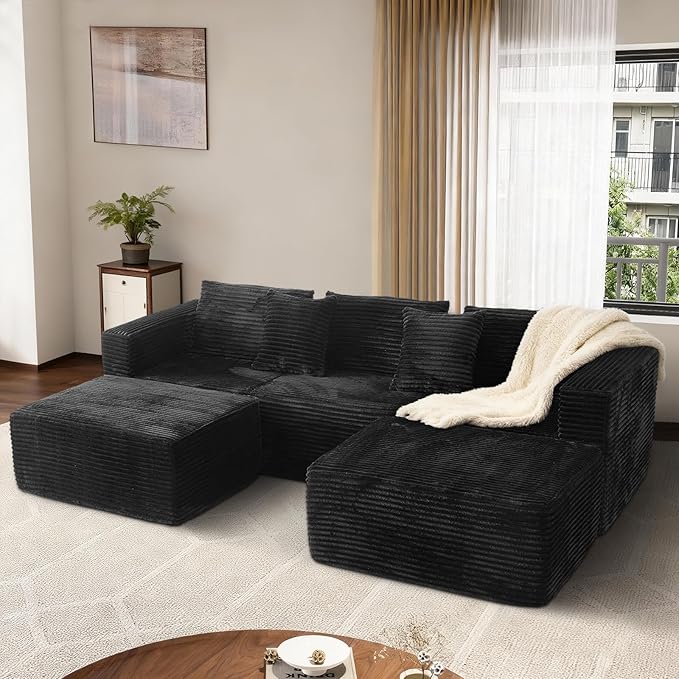 110" Boneless Couch with 2 Ottomans, Corduroy U-Shaped Modular Cloud Sofa with Deep Seats, Ergonomic Memory Foam Couches for Living Room, No Assembly Sectional Sofas, 5 Seater, Black