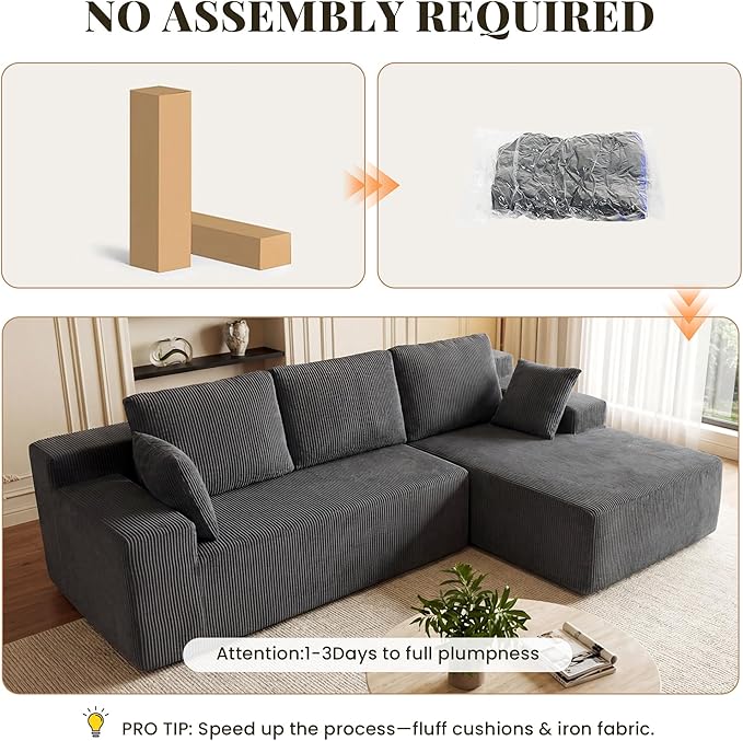Cloud Sectional Boneless Couches for Living Room, Modular L Shaped Couch with Deep Seat Oversized Right Facing Chaise, Memory Foam Compressed Spineless 3 Seater Sofa for Apartment, Grey | No Assembly Required, Deep Seat, Cat-Claw Resistant, High-Resili...
