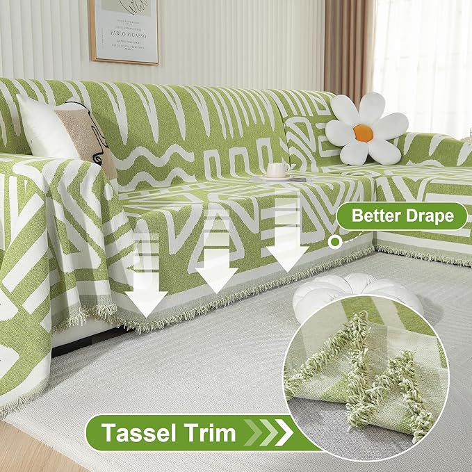 OstepDecor Boho Sectional Couch Covers 2 Pieces, L Shaped Sofa Cover, Chenille Couch Cover for Dogs Washable, Couch Cover Blanket, Sofa Slipcover for 2-3 Cushion Couch (71"x110"+71"x118", Green)
