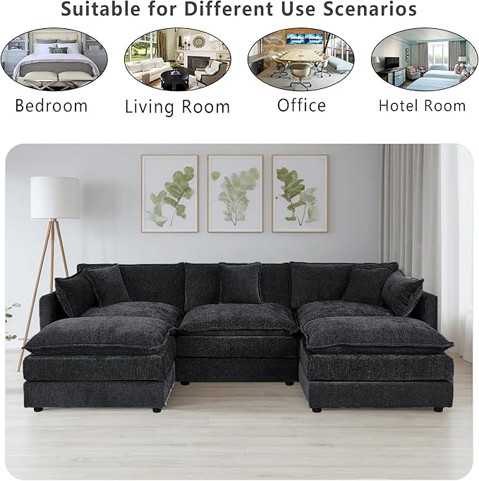 Setawix Deep 3 Seater Couch with Ottomans,112.2" U-Shaped Cloud Couches for Living Room,Chenille Cloud Sofa Couch with Deep Seat,Modular Sectional U Shape 3 Seat Sofa for Bedroom(Black, 3+2)