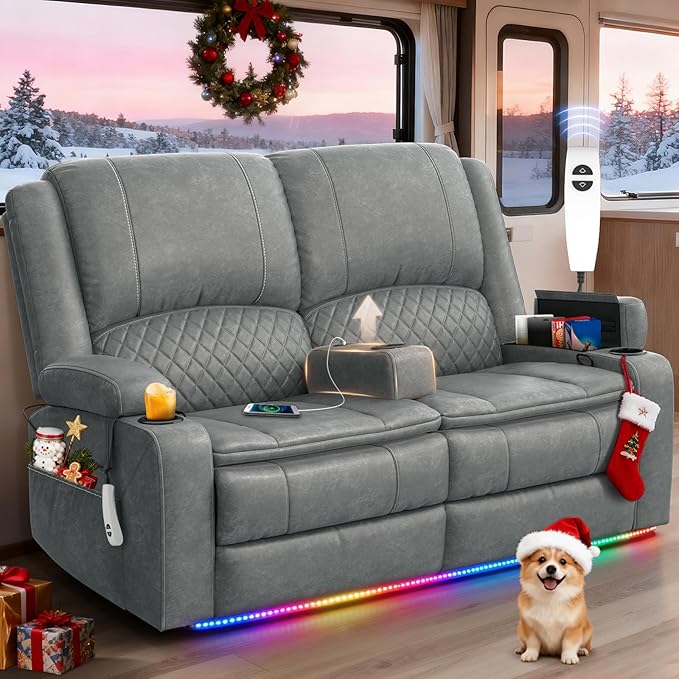 Loveseat Recliner Sofa, Power Reclining Loveseat Sofa RV Couch with Removable Armrest and Remote Control, Wall Hugger Home Theater Seating with 2-Tier Cushions, Storage & USB Ports, PU Grey