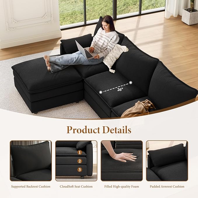 Vesgantti 101" V-Shaped Corner Couch Sectional, 7 Seat Customizable Modular Cloud Couches with Movable Ottoman, Chenille Deep Seat Sofa Set with Chaise for Living Room, Bedroom and Apartment, Black