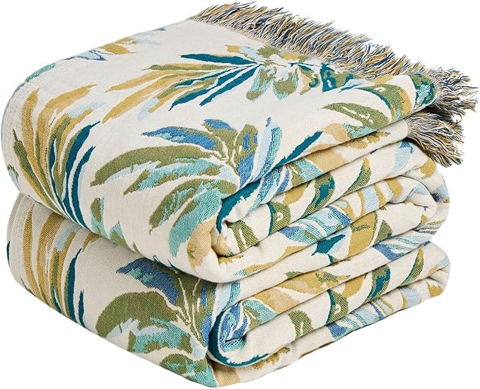 LUTBM Boho Throw Blanket for Bed Cotton Spring Blankets Twin Size for Bedroom Living Room All Season Lightweight Leaves Embroidery Breathable Quilt for Couch Sofa Chair 60"x80" Home Decor