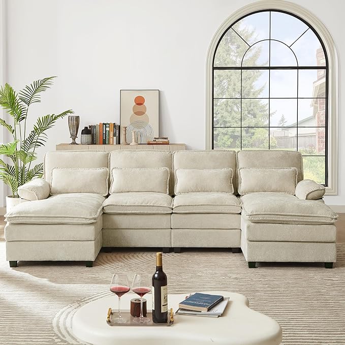 112" Modular Sectional Sofa, U Shaped Comfy Cloud Couch with Double Chaise and Padded Armrests, Modern Deep Seat Sectional Couches for Living Room, Apartment, Office, Beige
