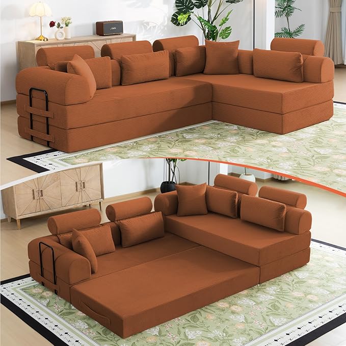 106” L Shaped Boneless Sectional Couch, Two 70.87” Pieces Convert to 141.7” Extra Long Straight Sofa, Corduroy Couch in a Box with Headrest and Back Pillows for Apartment Living Room, Orange