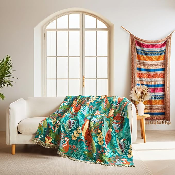 LUTBM Throw Blanket for Couch Sofa Soft Cotton Spring Blankets for Bedroom Living Room All Season Reversible Forest Animals Whimsical Home Decor 50"x60" Breathable Throws