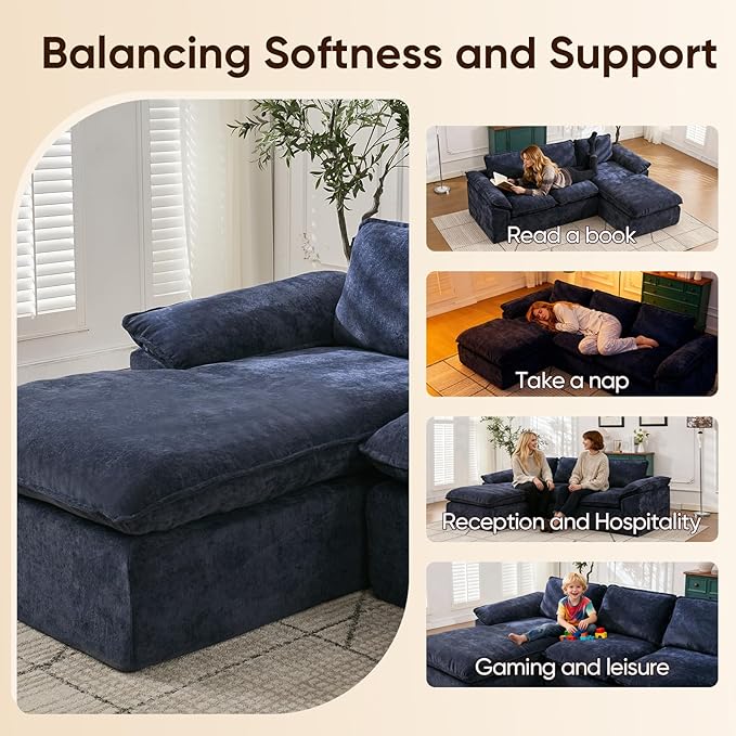 105.6”L Shape Modular Sectional Couch for Living Room, Modern Cloud Sectional 3 Seat Sofa with Oversized Chaise, Woven Texture Upholstery Boneless Couch (Blue, Left Facing Chaise)