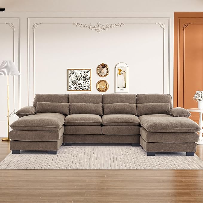 113" Cloud Couch Sectional Modular Sofa U Shaped Sectional Couches for Living Room Comfy 5-Seater Deep Seat Couch Chenille Cloud Sectional Sofa with Movable Ottoman & 4 Pillows, Brown