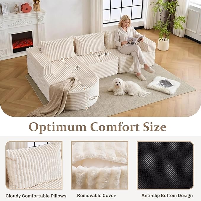 103”Boneless Couches for Living Room, L-Shaped Modular Sectional Sofa with Chaise, Modern Corduroy Cloud Couch with Deep Seat, Comfy Sponge Compression Convertible Sofas