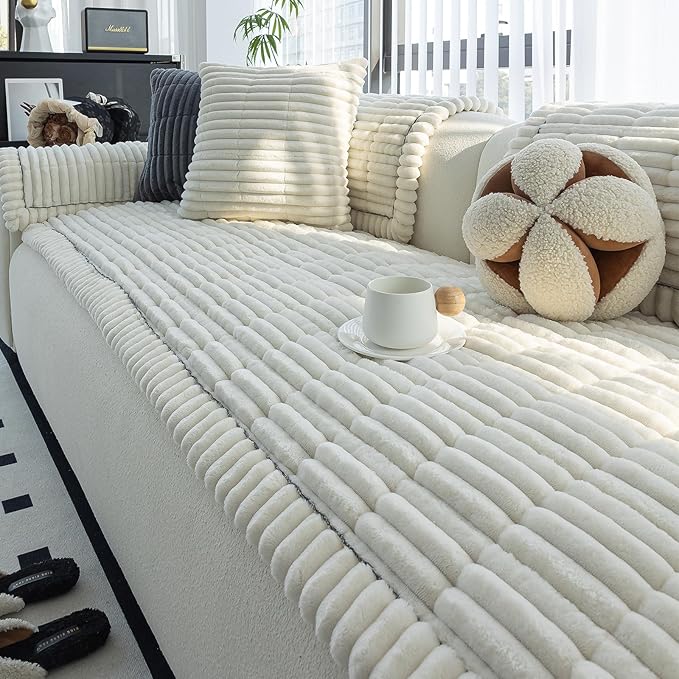 Sofa Couch Cover, Sofa Covers for Dogs Washable, Non-Slip Striped Sofa Slipcovers for Sectional Sofa, Sofa Cover Furniture Protector for L Shaped(Beige White 27.6"x 82.7")