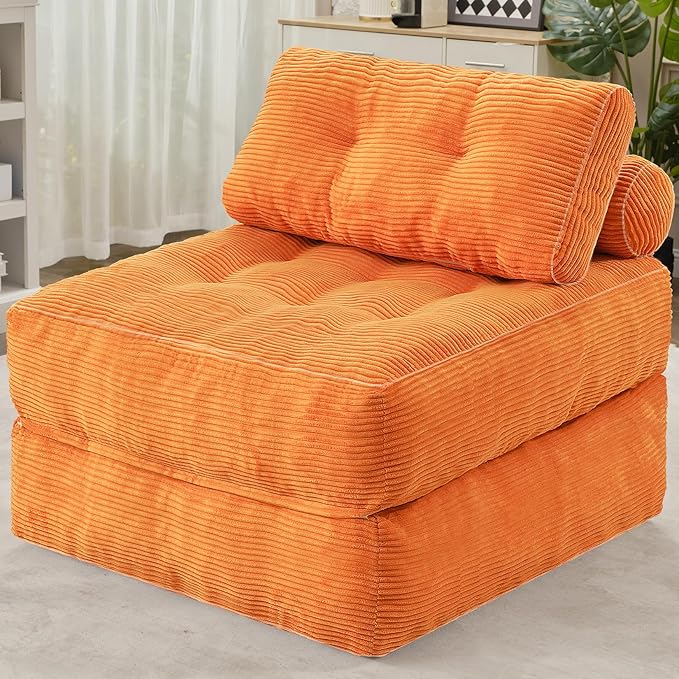 HABUTWAY Folding Sofa Bed, Convertible Sleeper Chair Bed w/Dual-Pillow & Handle, Foldable Floor Sofa Lounge w/Back Support for Living Room, Bedroom, Apartment, Office, Single, Orange