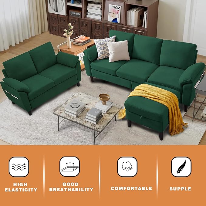 80" Convertible Sectional Sofa Set, Modern Linen Small L Shaped Couch with Reversible Chaise and Loveseat Sofa, 3-Seat Sofa Couches for Living Room, Office, Apartment, Green