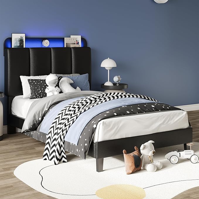 BarnFurin Twin Bed Frame with LED Lights, Upholstered Platform Bed with Storage Headboard, Single Bed Frame, Noise-Free, No Box Spring Needed, Easy Assembly, Black
