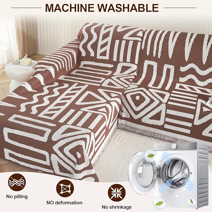 OstepDecor Boho Sectional Couch Covers 2 Pieces, L Shaped Sofa Cover, Chenille Couch Cover for Dogs Washable, Couch Cover Blanket, Sofa Slipcover for 2-3 Cushion Couch (71"x110"+71"x118", Coffee)