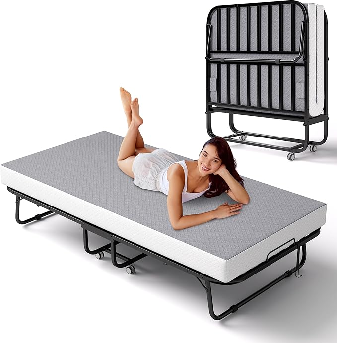 Decofy Folding Bed with Memory Foam Mattress, Portable Rollaway Guest Beds on Wheels, 75"x38" Twin Size Space-Saving Cot-Size Bed for Adults with Easy Assembly Metal Frame (Grey)