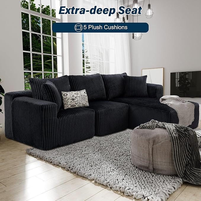 3 Seater L Shaped Sofa with Deep Seat, 101" Cloud Sectional Couch with Chaise, Cozy Modular Couches Sleeper, Oversized Corduroy Sofa for Living Room Bedroom Apartment, Black