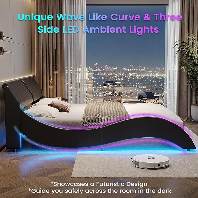 DICTAC California King Bed Frame with Led Lights and USB & Type-c Ports Modern Cali King Bed Frame with Headboard Faux Leather Wave Like Curve Low Profile Platform Bed Frame,No Box Spring Needed,Black