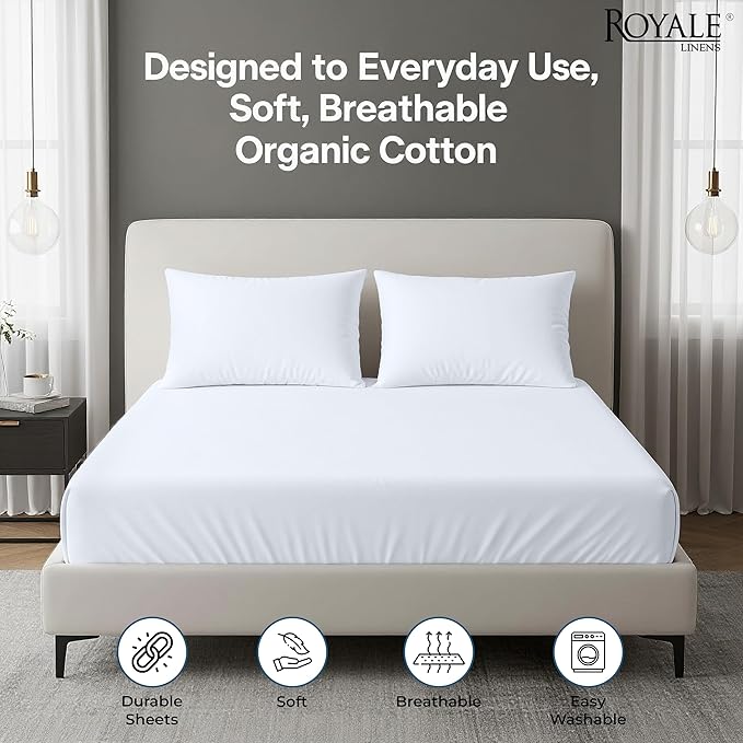 Royale Linens 100% Organic Cotton 2 Pack Fitted Sheet - Percale Weave - Super Soft Deep Pocket Bottom Sheets - White Elastic Sheet Twin XL Size - Twin XL Fitted Sheets Only - (39"x80"+15", White)
