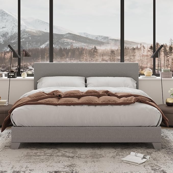 Allewie Full Size Bed Frame with Adjustable Headboard, Upholstered Platform Bed with Wood Slats, Heavy Duty Mattress Foundation, No Box Spring Needed, Noise-Free, Easy Assembly, Light Grey