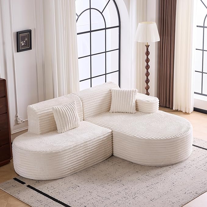 Modern Curved Boneless Sofa Couch, L-Shaped Corner Sofa, Corduroy Upholstered Cloud Sectional Couch for Living Room, Bedroom and Apartment,No Assembly Needed(Beige, Right Hand Facing)