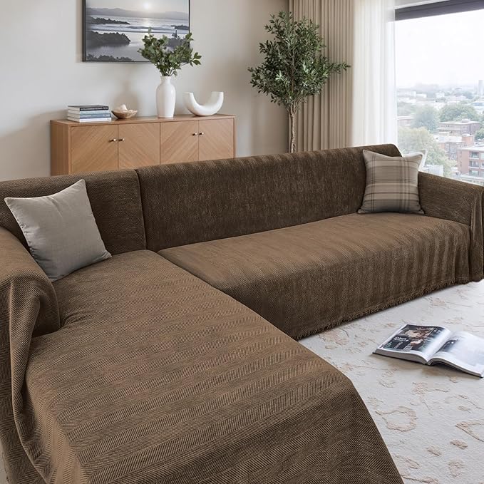 Sectional Couch Covers 2 Pieces, Chenille L Shaped Couch Cover Blanket for Sectional Sofa with Herringbone Pattern Washable Sofa Slipcovers (X-Large: 71" x 110" + 71" x 118", Coffee)