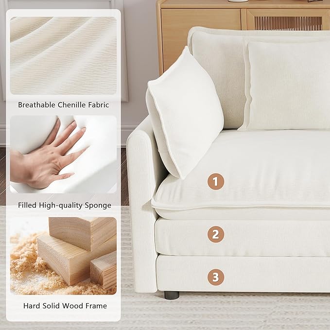 mikibama Modular Sectional Sofa, 111.5 Inch L Shaped Couch Set for Living Room, 3-Seater Comfy Cloud Couches with Movable Ottoman, DIY Combination, Chenille, Beige