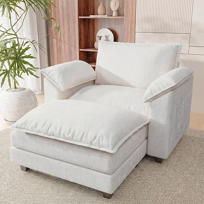 Single Chaise Lounge with 30'' Deep Seat & Movable Ottoman, Reading Chair with Wide Armrest, Chenille Cloud Couch Double Layer Cushion for Living Room, Office, Bedroom (White, Single Sofa Chair)