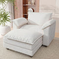 Single Chaise Lounge with 30'' Deep Seat & Movable Ottoman, Reading Chair with Wide Armrest, Chenille Cloud Couch Double Layer Cushion for Living Room, Office, Bedroom (White, Single Sofa Chair)