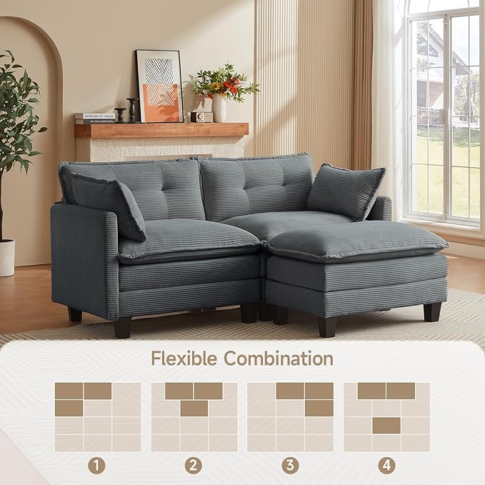 Modular Sectional Sofa, 76.5" L-Shaped Corduroy Comfy Sectional Couches for Living Room, 2-Seater Cloud Couches with 1 Movable Ottoman, Flexible Combination Modern Deep Seat Sofa (Grey)
