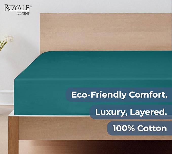 Royale Linens 100% Organic Cotton Fitted Sheet - Percale Weave - Super Soft Deep Pocket Bottom Sheets - Elastic Sheet Twin XL Size - Twin XL Fitted Sheets Only - (39"x80"+15", Teal)