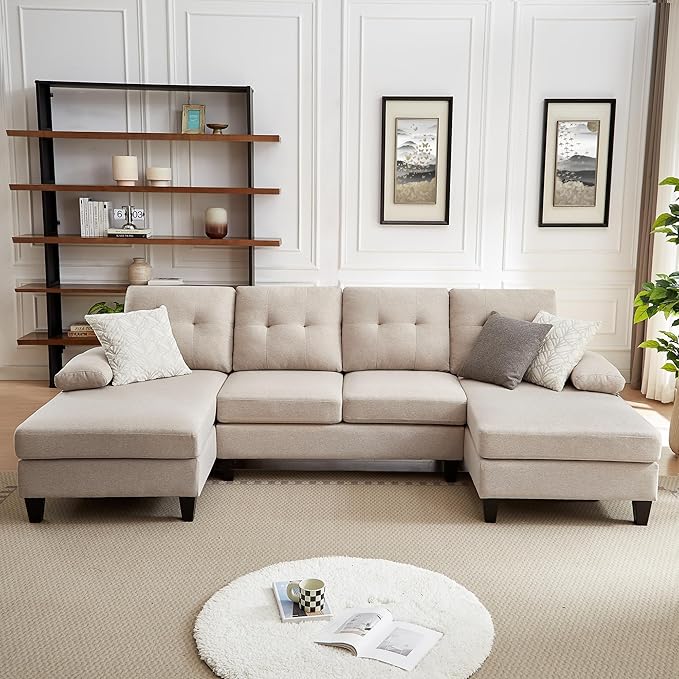 111" Sectional Couch for Living Room, Modern Polyester Fibre U Shaped Sofa Couches with Double Chaise, Upholstered 4 Seater Sofa for Living Room, Apartment, Office, Beige