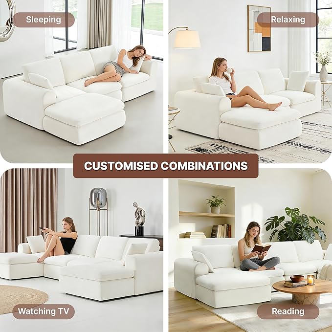 138" Boneless Cloud Couch Sectional No Assembly Required Modular Sofa with Deep Seat for Living Room U Shaped Couch with Ottoman Snowflake Fabric and Memory Sponge White