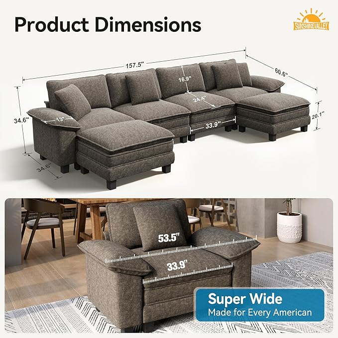 U Shaped Modular Cloud Couch, 157.5'' Oversized Chenille Sectional Sofa with Wider Armrest and Ottoman, Upholstered 6-Seat Modern Deep Seat for Bedroom Living Room, Smoky Grey